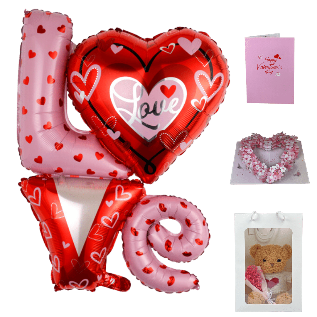 Cupid's Grand Gesture: Valentine's Day Jumbo 'Love' Balloon, Bear & Enchanting Card Ensemble